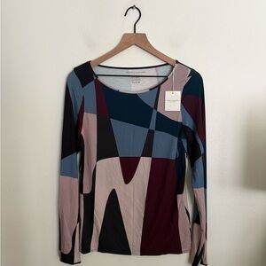 Majestic Filatures Geometric Long Sleeve Top Slinky Chic Casual Multicolor Top